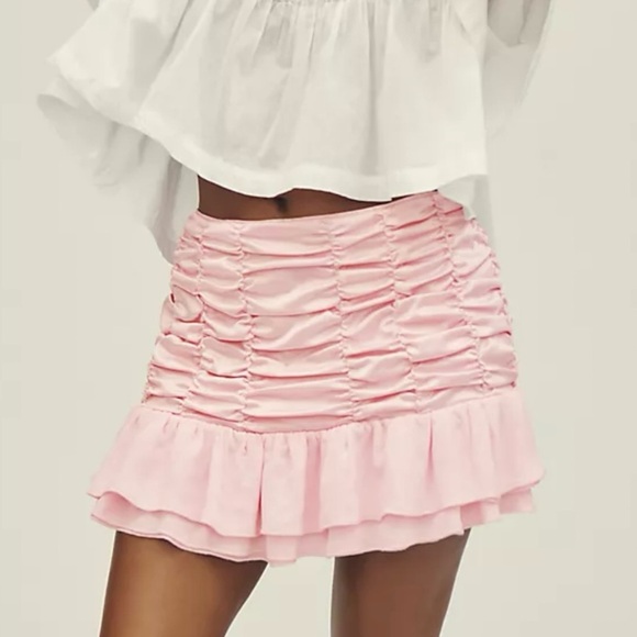 Anthropologie Dresses & Skirts - NWT Anthropologie Maeve Satin Chiffon Ruched Mini Skirt Pink Size M Coquette